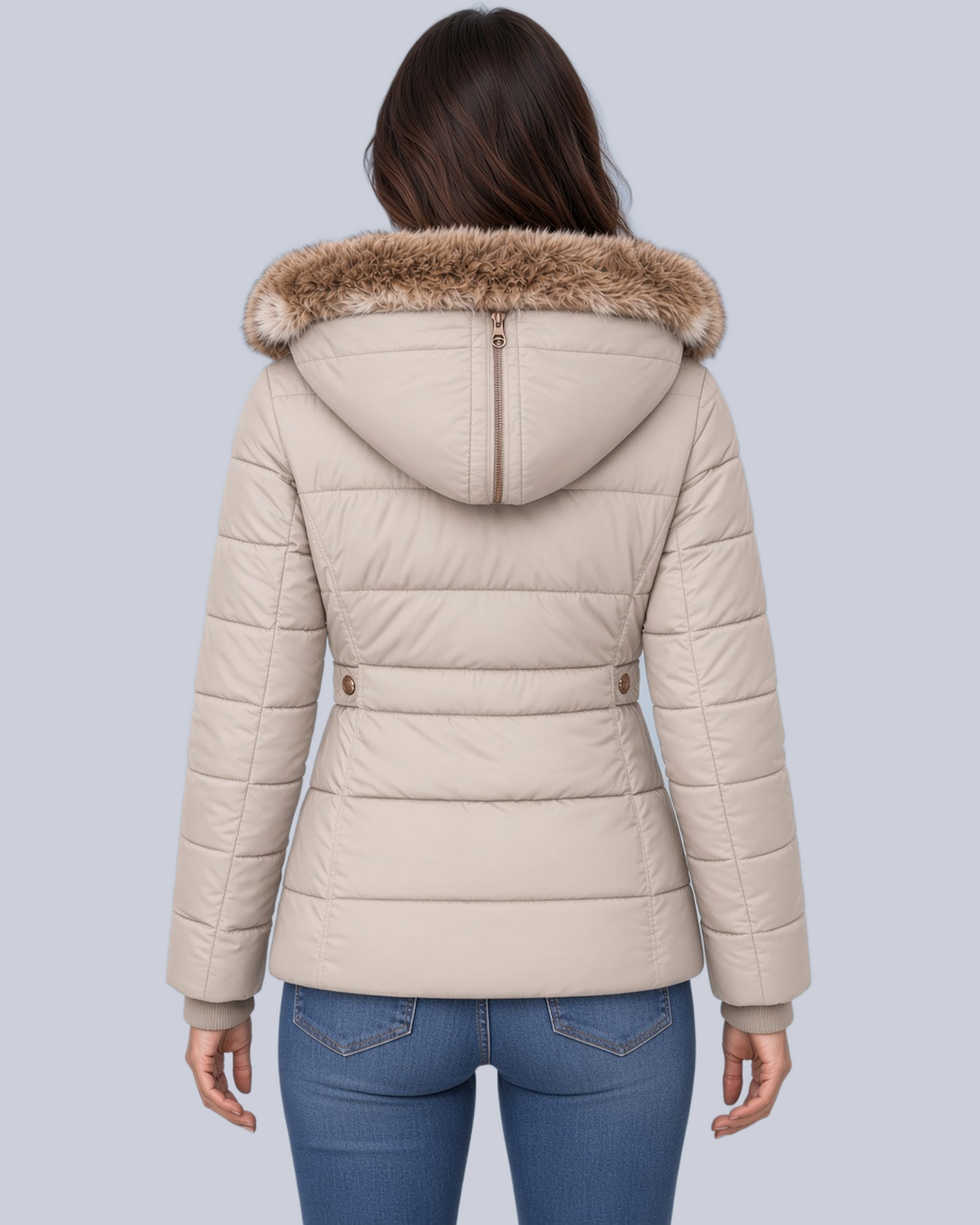 Women's Fitted Padded Jacket with Faux Fur Hood and Zip Pockets in Beige – Back View