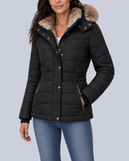 Women's Fitted Padded Jacket with Faux Fur Hood and Zip Pockets in Black – Front View