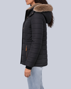 Women's Fitted Padded Jacket with Faux Fur Hood and Zip Pockets in Black – Side View