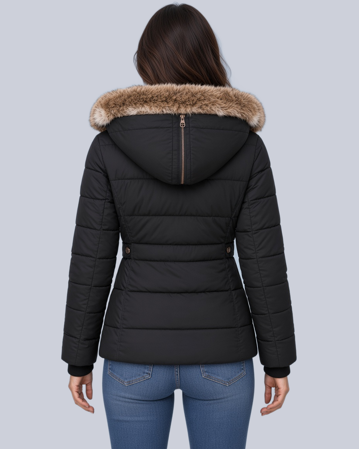 Women's Fitted Padded Jacket with Faux Fur Hood and Zip Pockets in Black – Back View