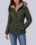 Women's Fitted Padded Jacket with Faux Fur Hood and Zip Pockets in Green – Front View