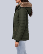 Women's Fitted Padded Jacket with Faux Fur Hood and Zip Pockets in Green – Side View