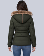 Women's Fitted Padded Jacket with Faux Fur Hood and Zip Pockets in Green – Back View