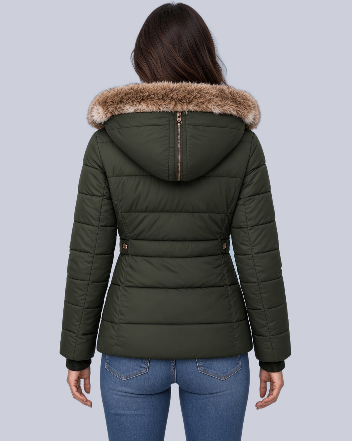 Women's Fitted Padded Jacket with Faux Fur Hood and Zip Pockets in Green – Back View