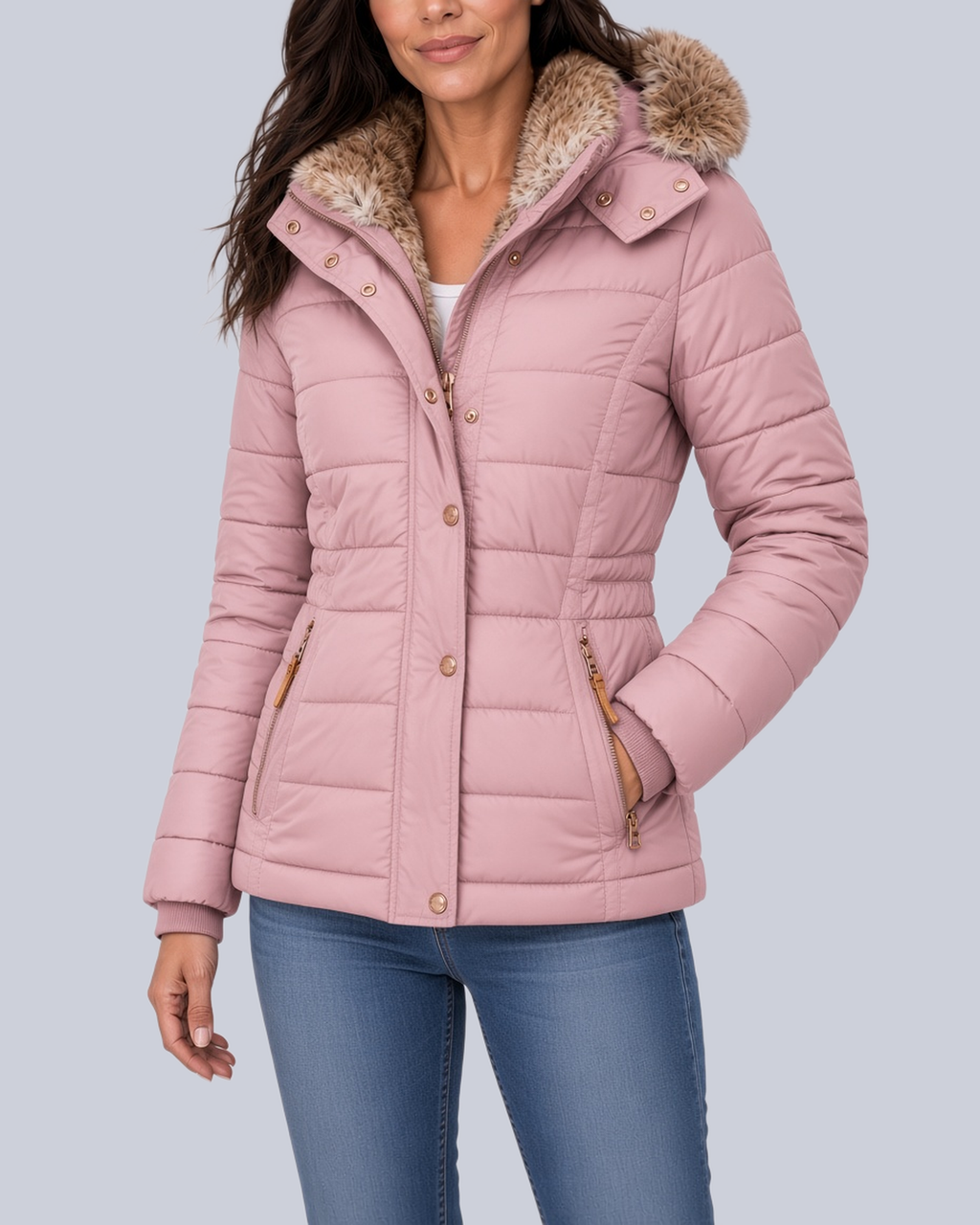 Women's Fitted Padded Jacket with Faux Fur Hood and Zip Pockets in Pink – Front View
