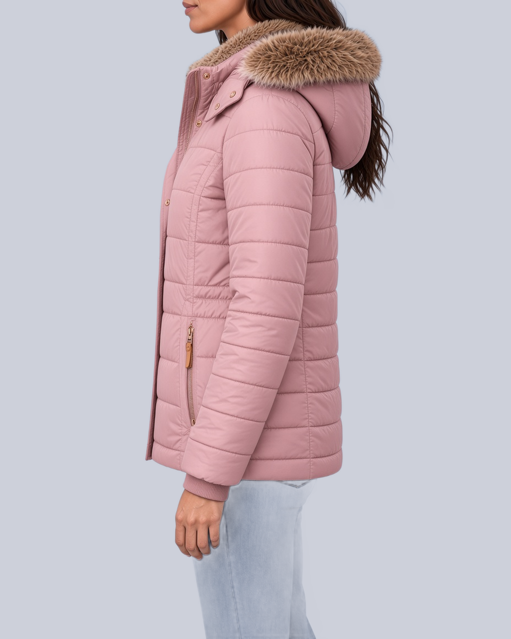 Women's Fitted Padded Jacket with Faux Fur Hood and Zip Pockets in Pink – Side View