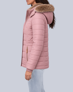 Women's Fitted Padded Jacket with Faux Fur Hood and Zip Pockets in Pink – Side View