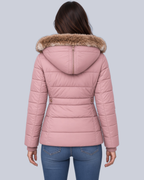 Women's Fitted Padded Jacket with Faux Fur Hood and Zip Pockets in Pink – Back View