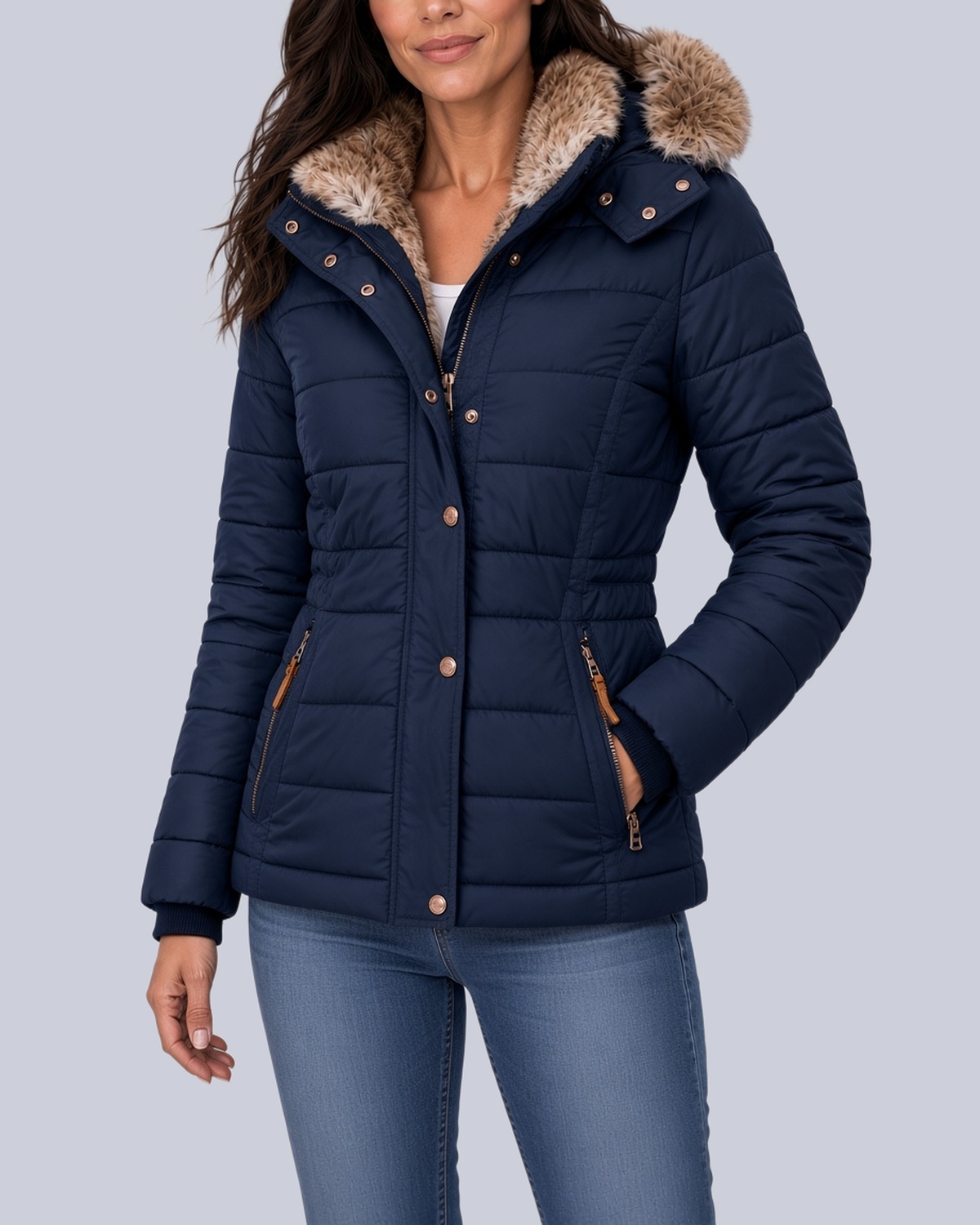 Women's Fitted Padded Jacket with Faux Fur Hood and Zip Pockets in Navy – Front View