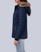 Women's Fitted Padded Jacket with Faux Fur Hood and Zip Pockets in Navy – Side View