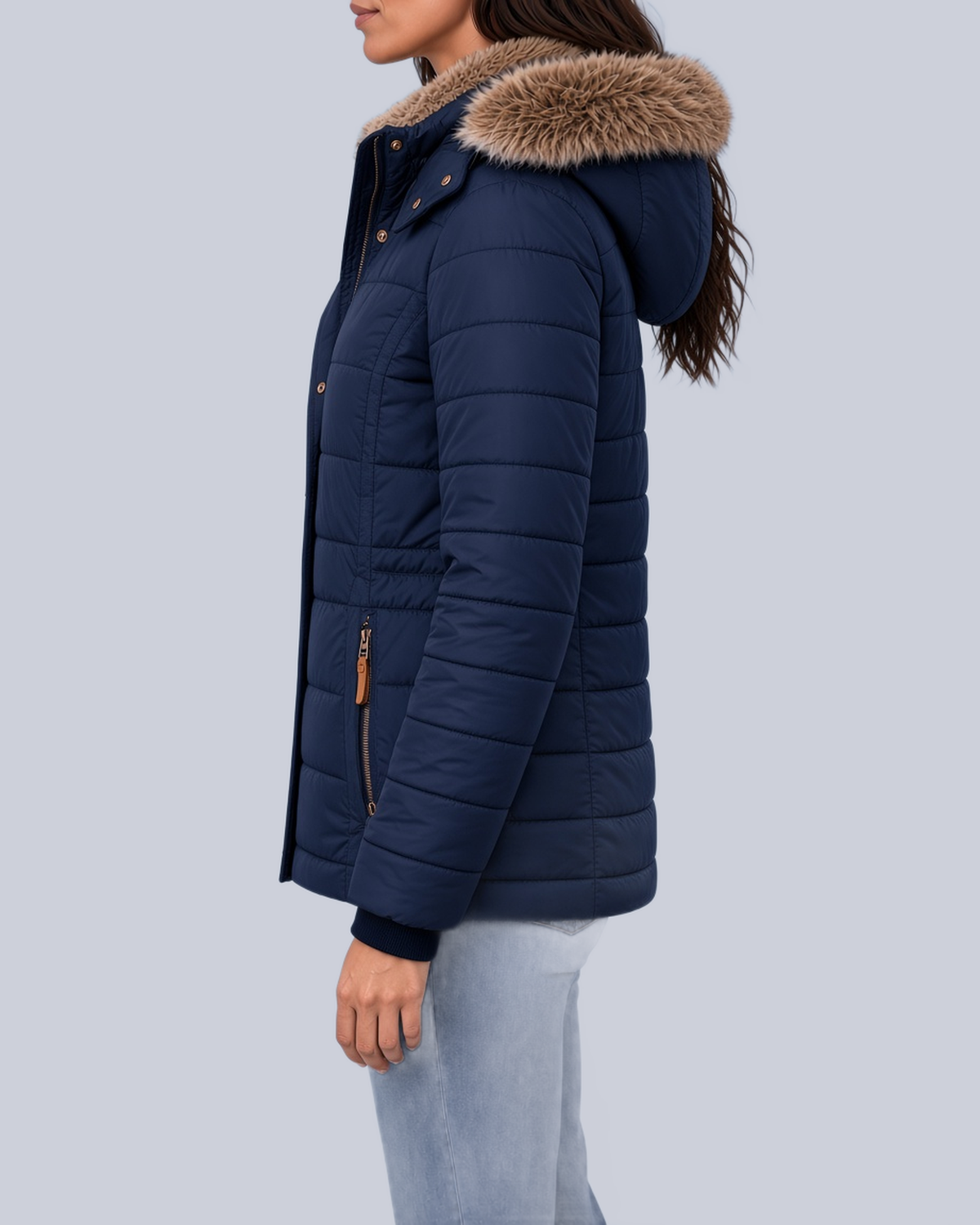 Women's Fitted Padded Jacket with Faux Fur Hood and Zip Pockets in Navy – Side View