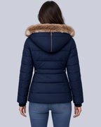Women's Fitted Padded Jacket with Faux Fur Hood and Zip Pockets in Navy – Back View