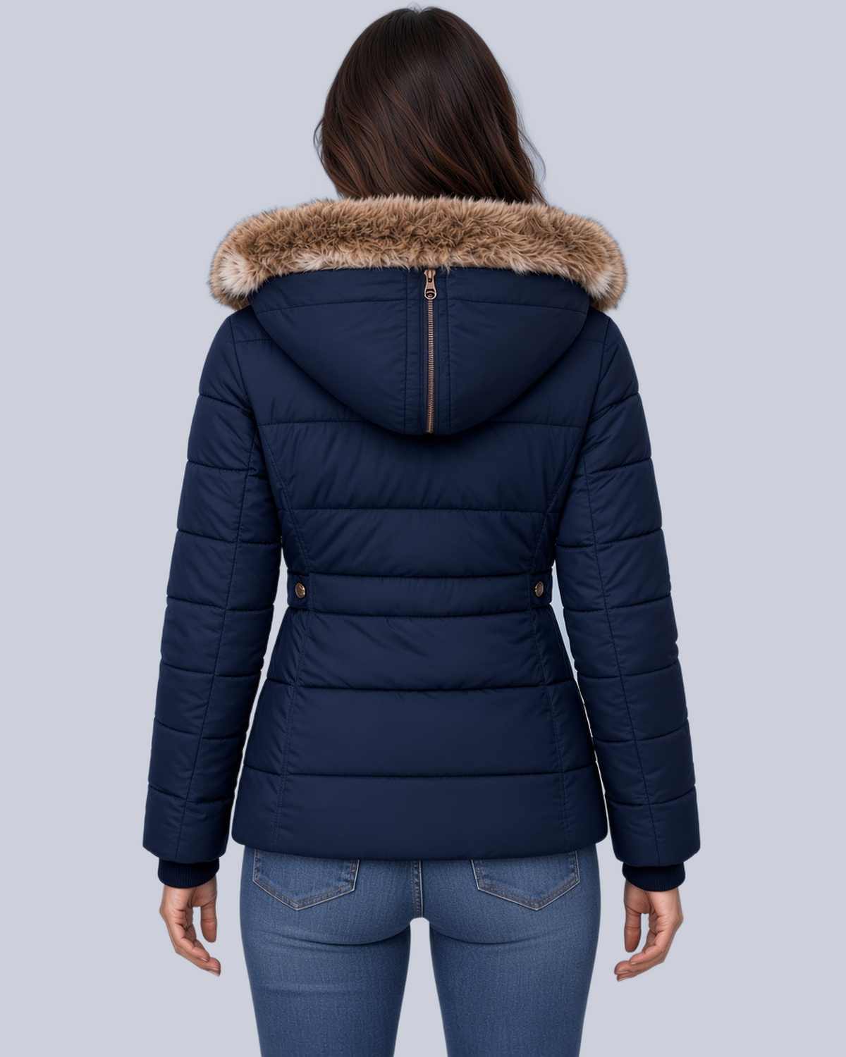 Women's Fitted Padded Jacket with Faux Fur Hood and Zip Pockets in Navy – Back View