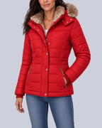Women's Fitted Padded Jacket with Faux Fur Hood and Zip Pockets in Red – Front View