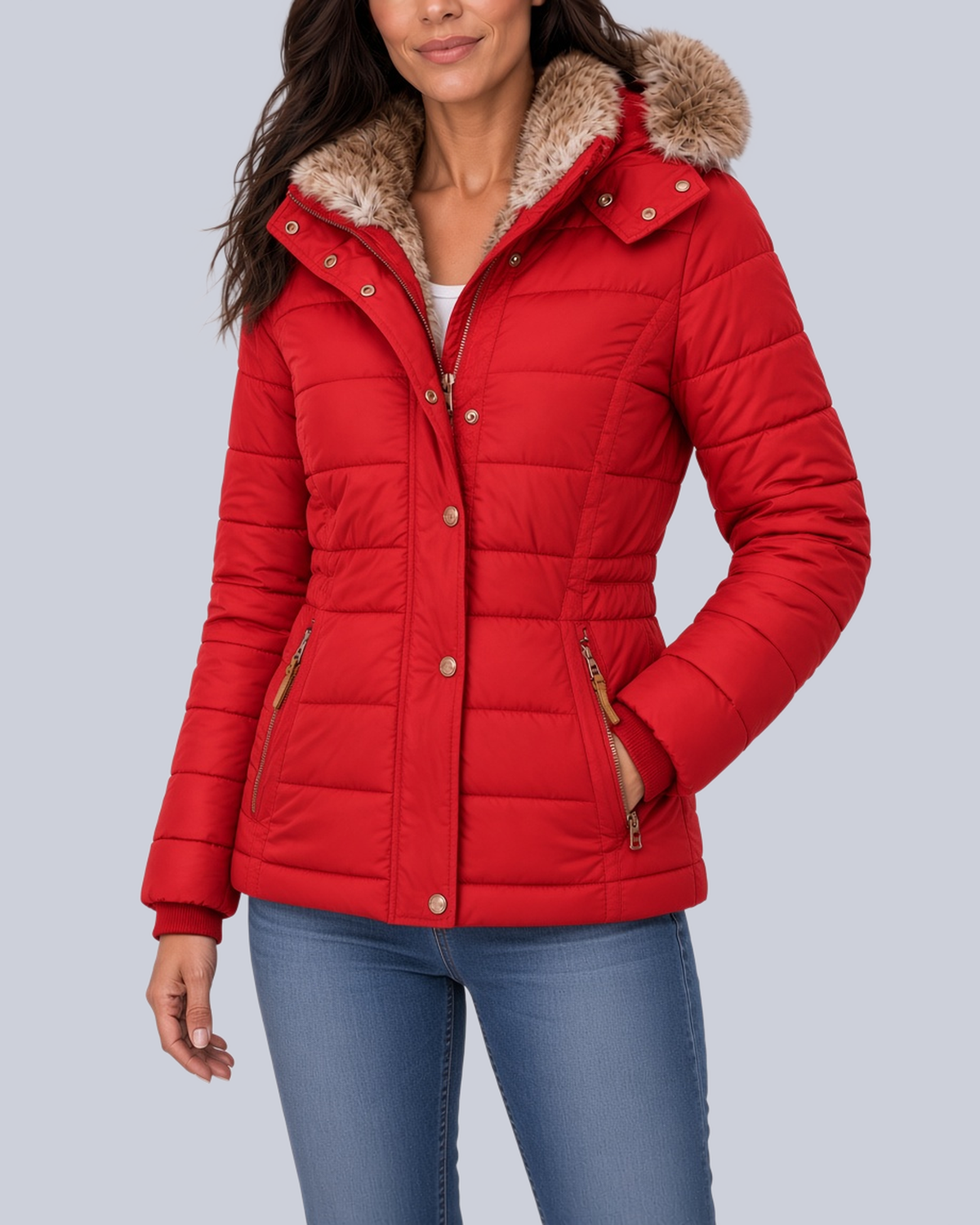 Women's Fitted Padded Jacket with Faux Fur Hood and Zip Pockets in Red – Front View
