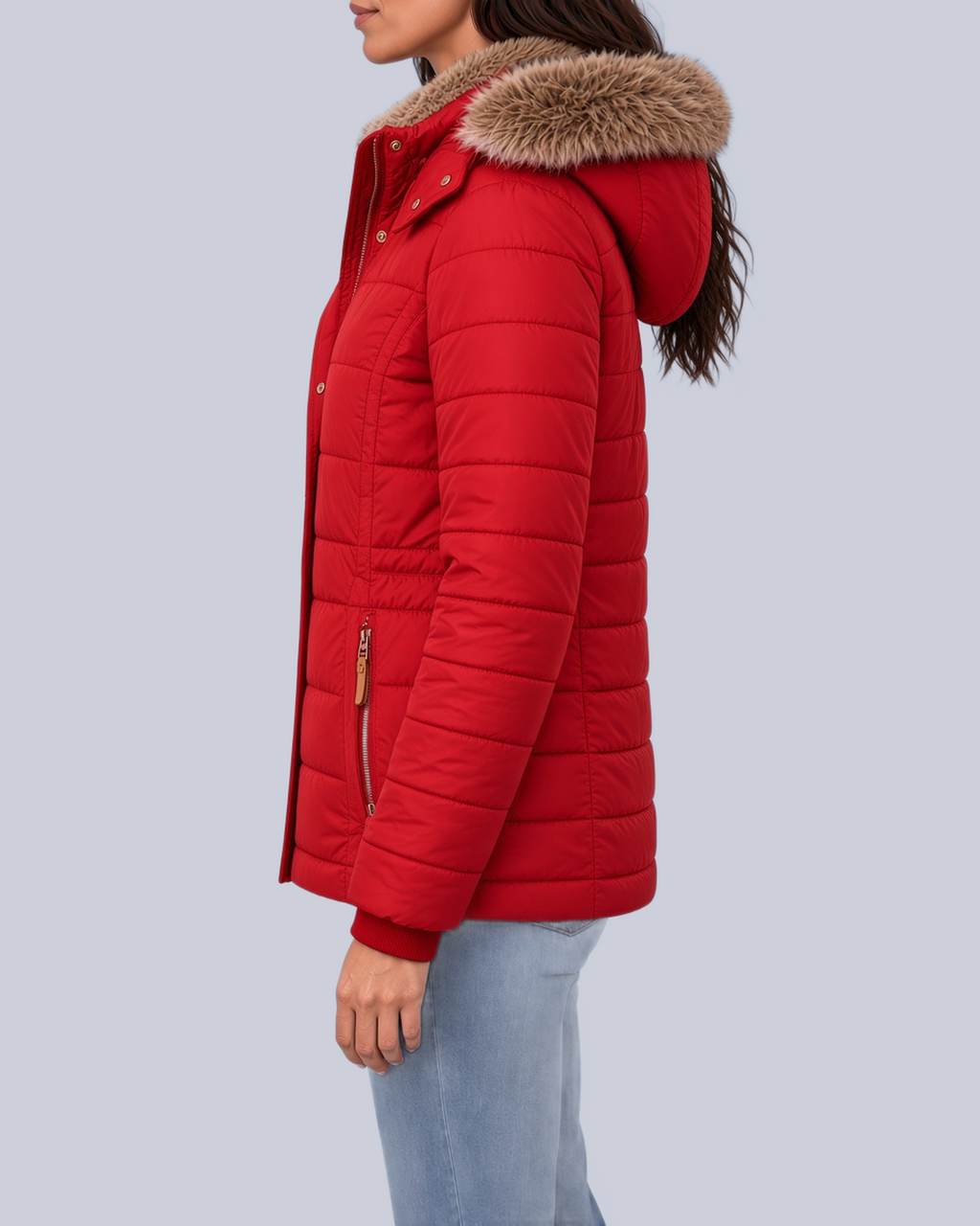 Women's Fitted Padded Jacket with Faux Fur Hood and Zip Pockets in Red – Side View
