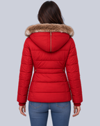 Women's Fitted Padded Jacket with Faux Fur Hood and Zip Pockets in Red – Back View