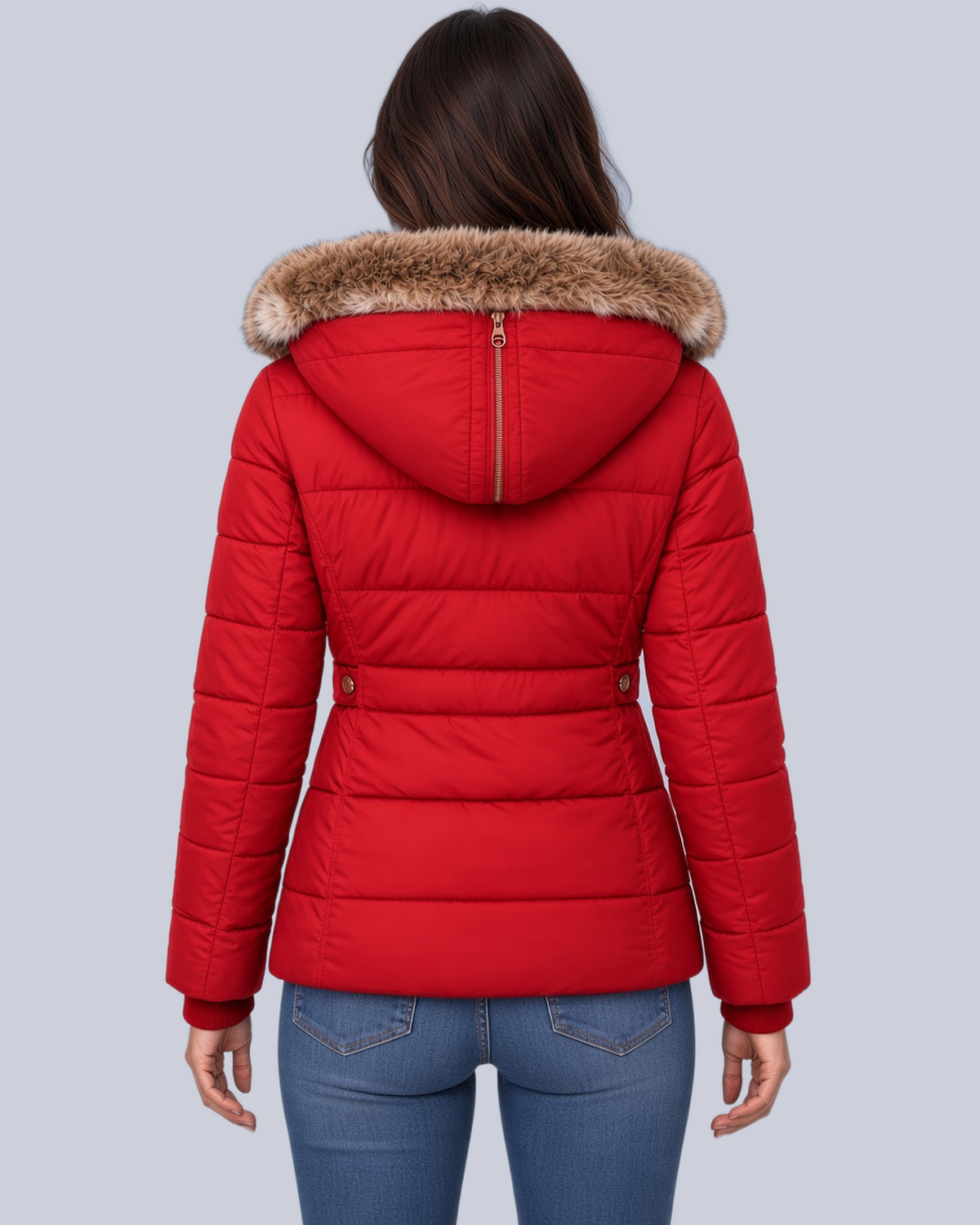 Women's Fitted Padded Jacket with Faux Fur Hood and Zip Pockets in Red – Back View