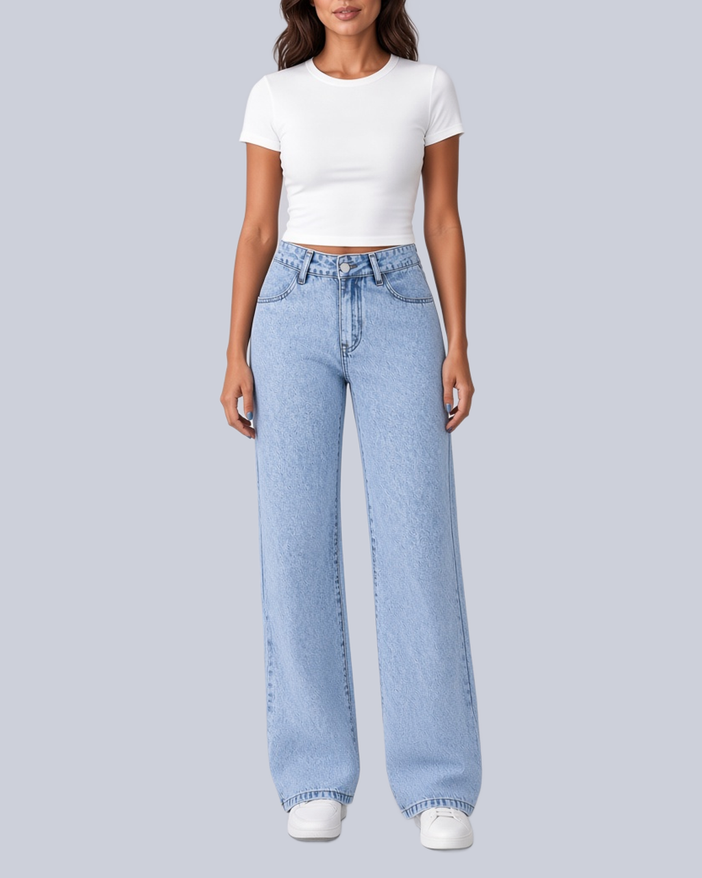 Women's Five Pocket Wide Leg Jeans with High Rise and Zip Fly in Light Blue – Front View