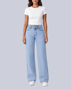 Women's Five Pocket Wide Leg Jeans with High Rise and Zip Fly in Light Blue – Front View