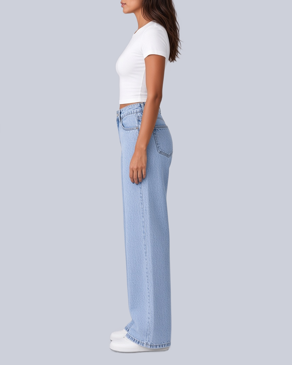 Women's Five Pocket Wide Leg Jeans with High Rise and Zip Fly in Light Blue – Side View