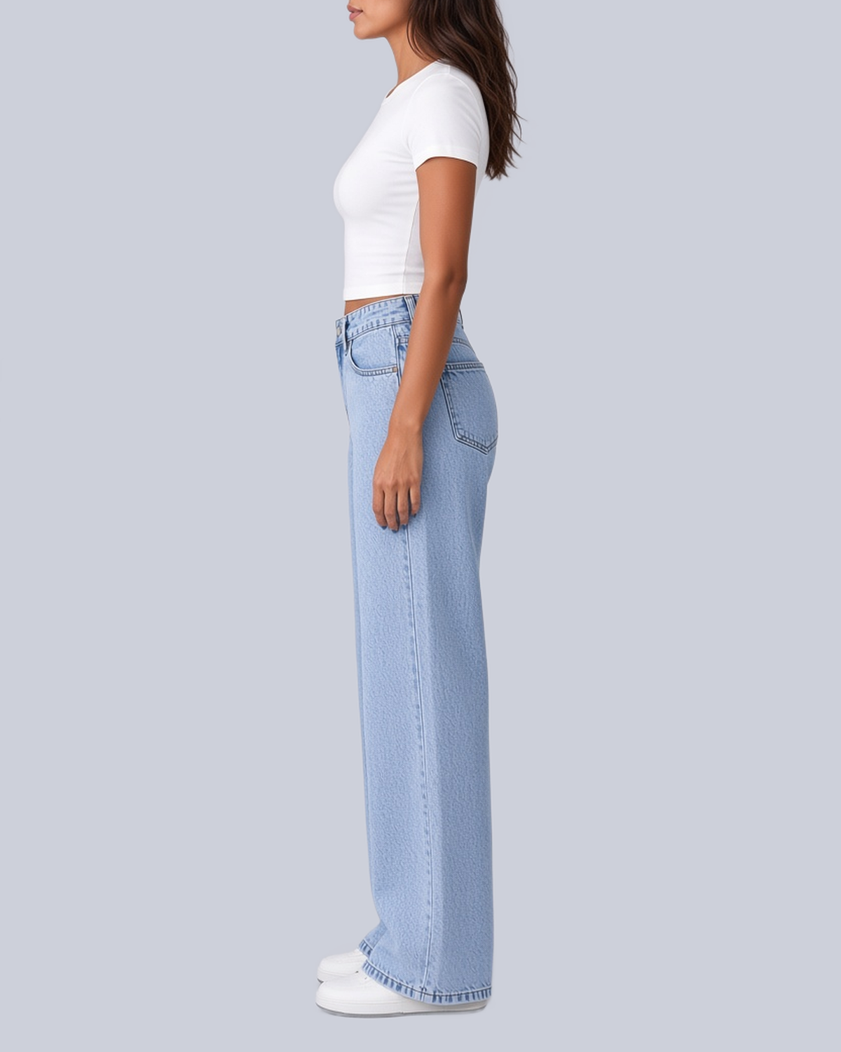 Women's Five Pocket Wide Leg Jeans with High Rise and Zip Fly in Light Blue – Side View
