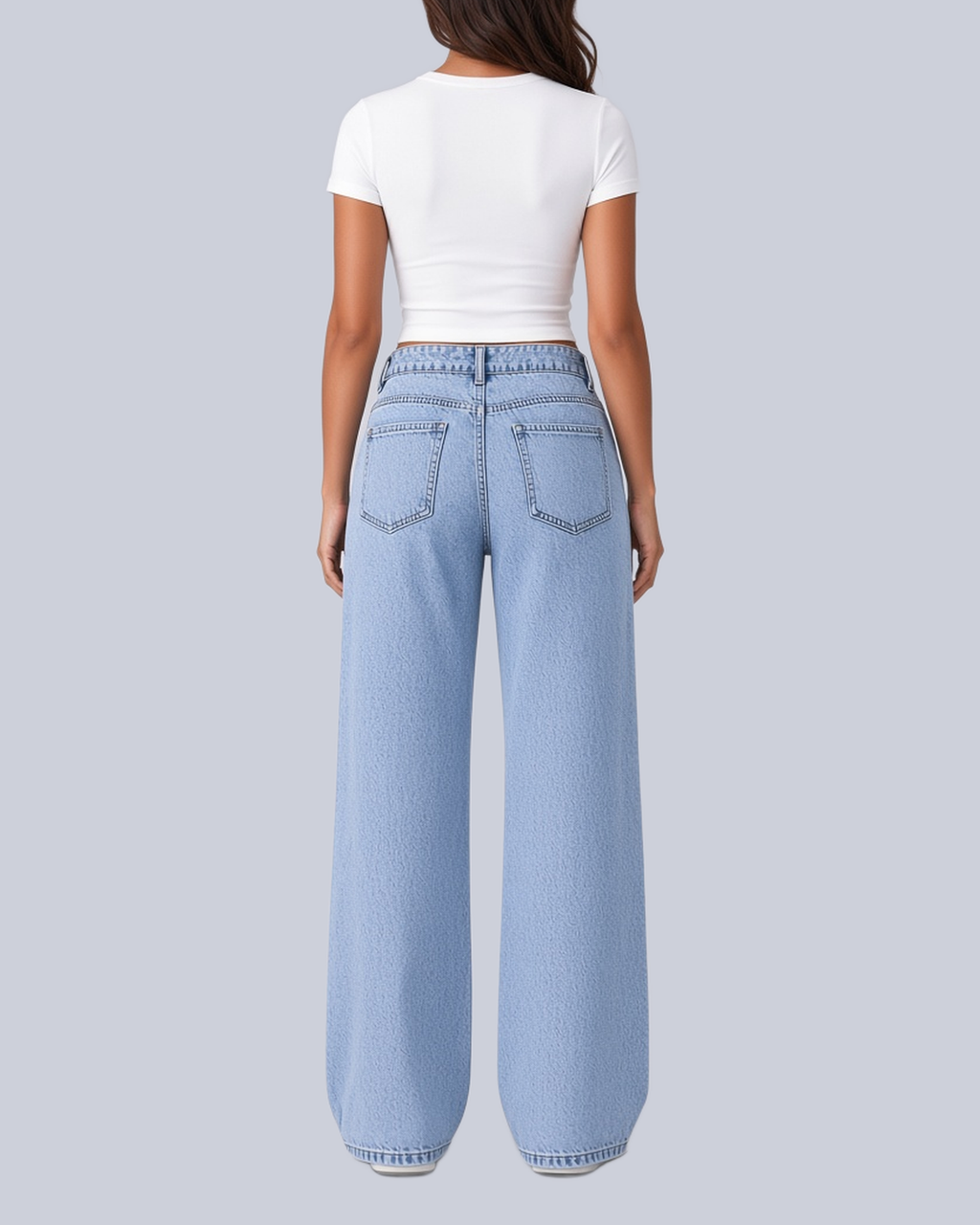 Women's Five Pocket Wide Leg Jeans with High Rise and Zip Fly in Light Blue – Back View