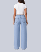 Women's Five Pocket Wide Leg Jeans with High Rise and Zip Fly in Light Blue – Back View