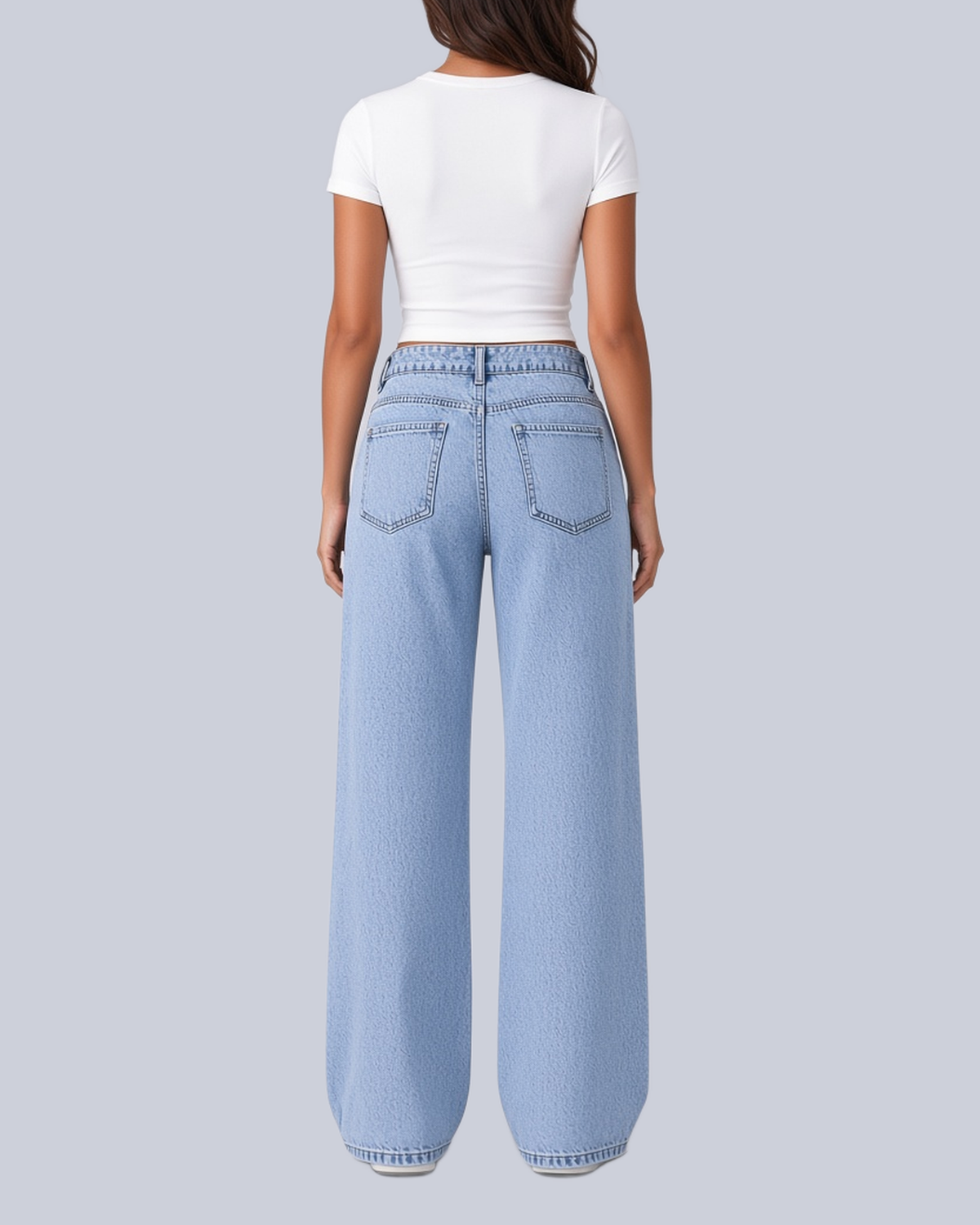 Women's Five Pocket Wide Leg Jeans with High Rise and Zip Fly in Light Blue – Back View