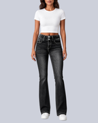 Women's Flared Jeans with High Rise and Two Button Waistband in Black – Front View