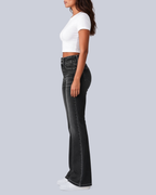 Women's Flared Jeans with High Rise and Two Button Waistband in Black – Side View