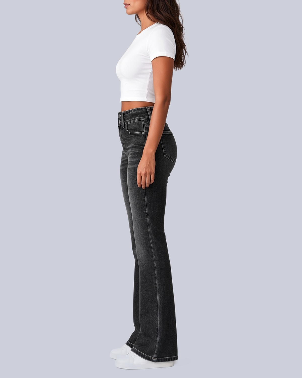 Women's Flared Jeans with High Rise and Two Button Waistband in Black – Side View