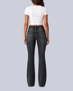 Women's Flared Jeans with High Rise and Two Button Waistband in Black – Back View