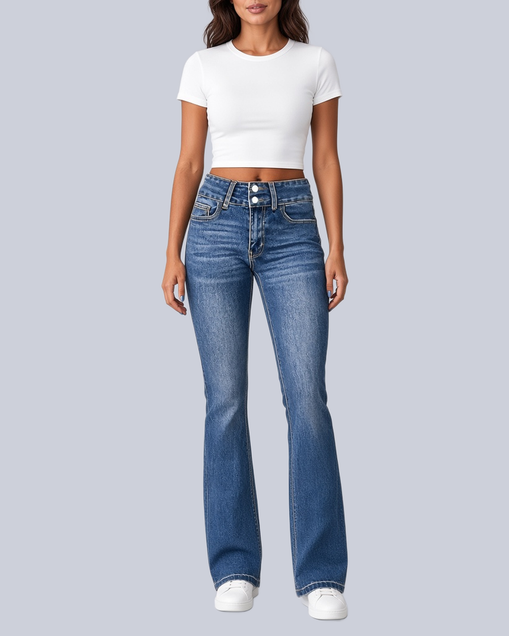 Women's Flared Jeans with High Rise and Two Button Waistband in Blue – Front View