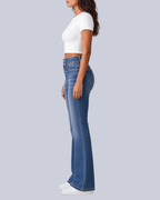 Women's Flared Jeans with High Rise and Two Button Waistband in Blue – Side View