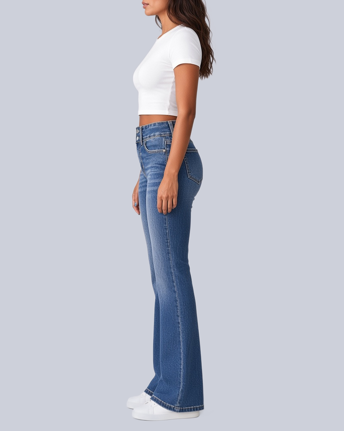 Women's Flared Jeans with High Rise and Two Button Waistband in Blue – Side View