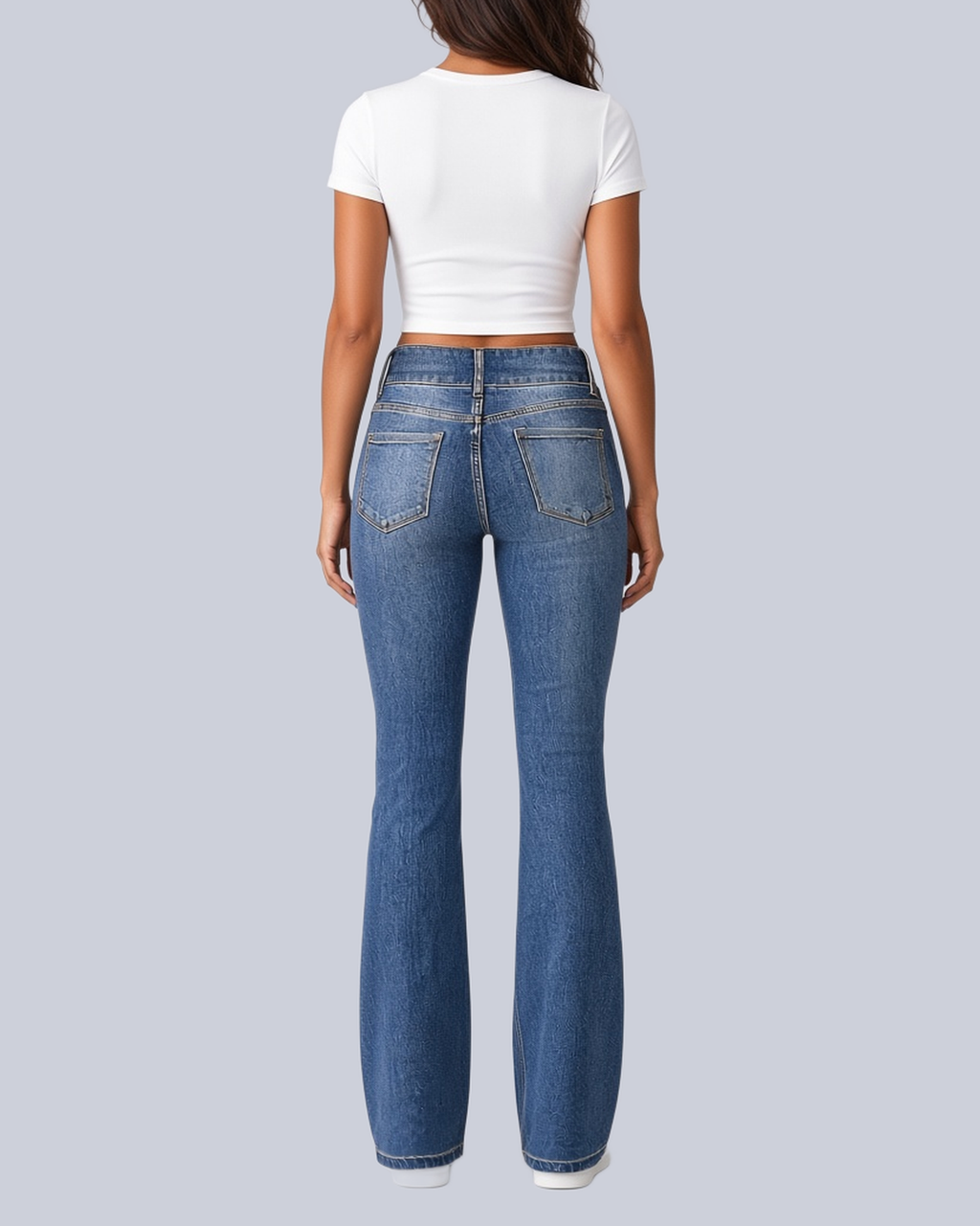 Women's Flared Jeans with High Rise and Two Button Waistband in Blue – Back View