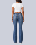 Women's Flared Jeans with High Rise and Two Button Waistband in Blue – Back View