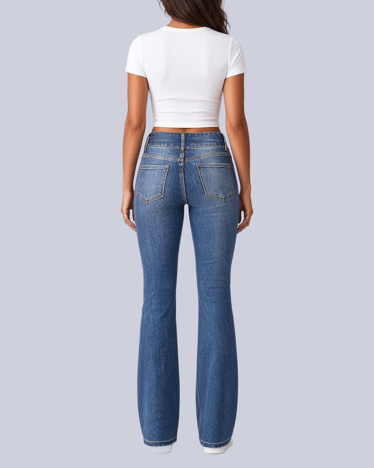 Women's Flared Jeans with High Rise and Two Button Waistband in Blue – Back View