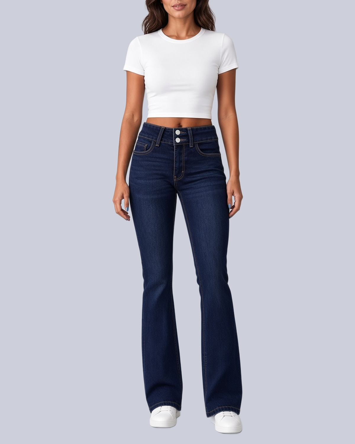 Women's Flared Jeans with High Rise and Two Button Waistband in Navy – Front View