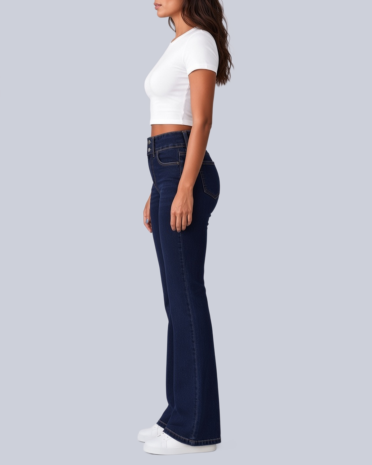 Women's Flared Jeans with High Rise and Two Button Waistband in Navy – Side View
