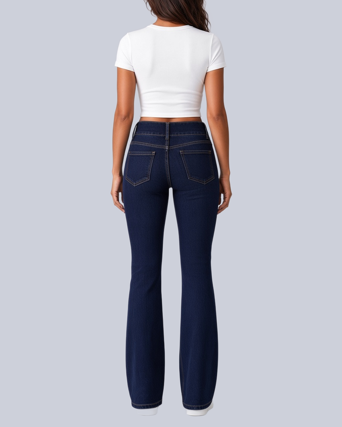 Women's Flared Jeans with High Rise and Two Button Waistband in Navy – Back View