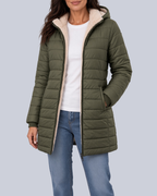 Women's Fleece Lined Quilted Jacket with Hood and Ribbed Cuffs in Army Green – Front View