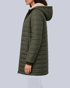 Women's Fleece Lined Quilted Jacket with Hood and Ribbed Cuffs in Army Green – Side View