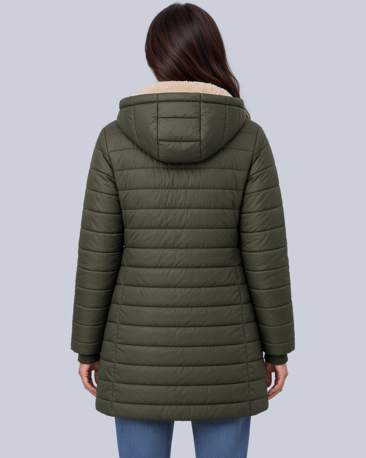 Women's Fleece Lined Quilted Jacket with Hood and Ribbed Cuffs in Army Green – Back View