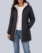 Women's Fleece Lined Quilted Jacket with Hood and Ribbed Cuffs in Black – Front View
