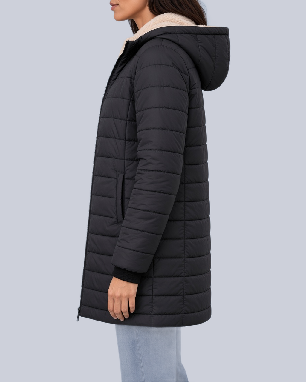Women's Fleece Lined Quilted Jacket with Hood and Ribbed Cuffs in Black – Side View
