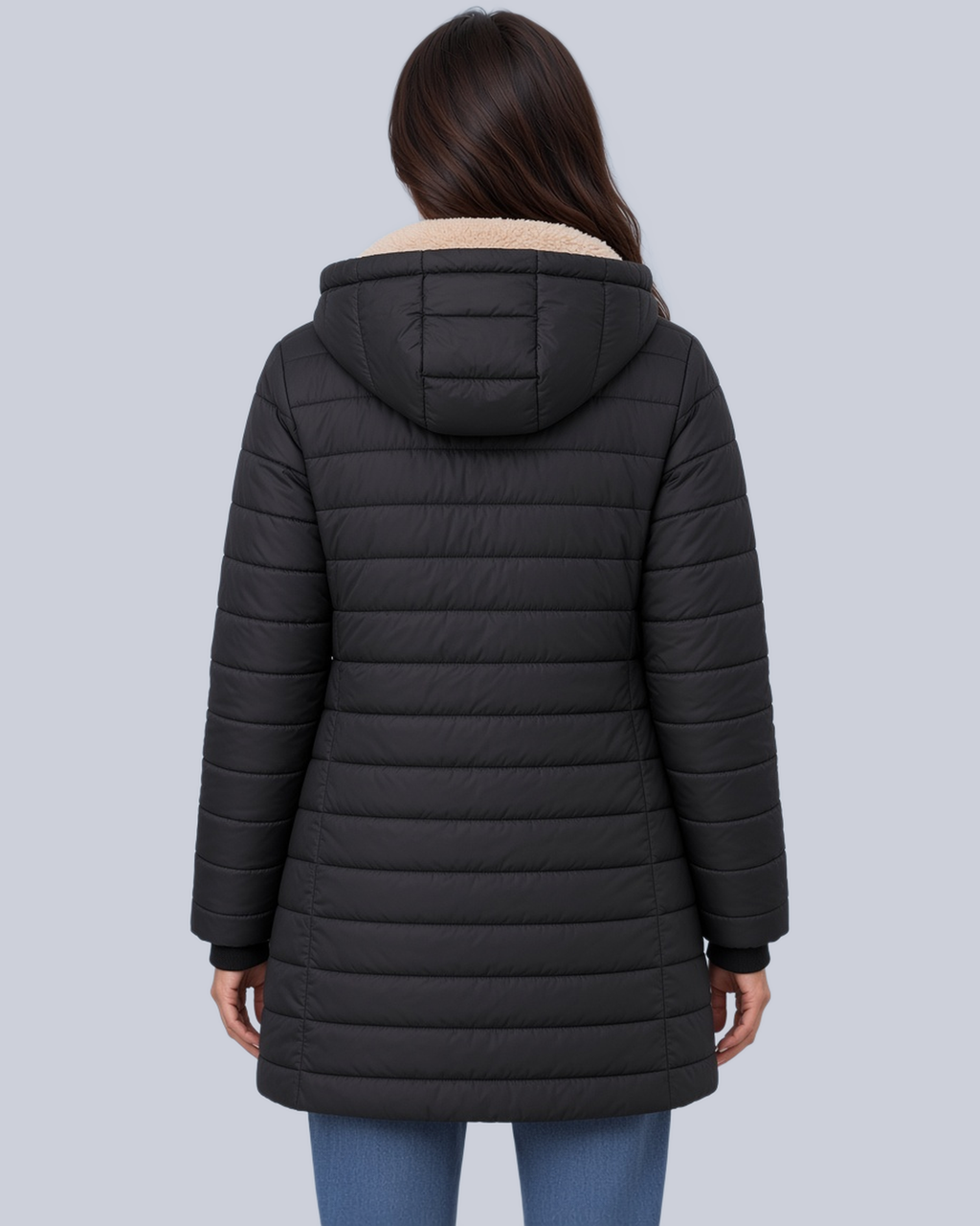 Women's Fleece Lined Quilted Jacket with Hood and Ribbed Cuffs in Black – Back View