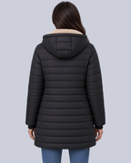 Women's Fleece Lined Quilted Jacket with Hood and Ribbed Cuffs in Black – Back View