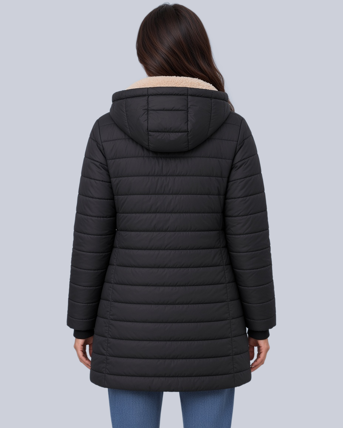 Women's Fleece Lined Quilted Jacket with Hood and Ribbed Cuffs in Black – Back View